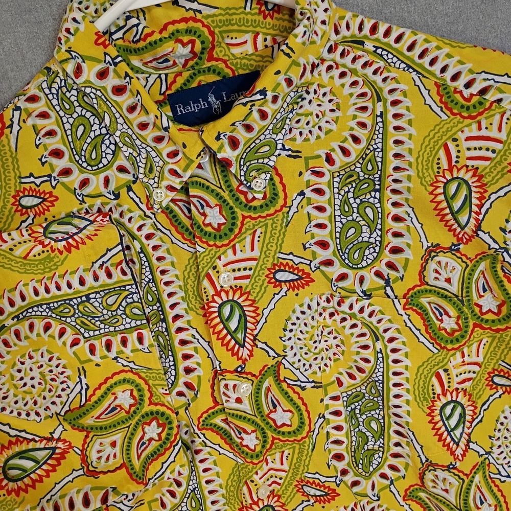 Ralph Lauren Bob Camp Mens M Yellow Paisley Hawaiian Camp Shirt Cotton Resort